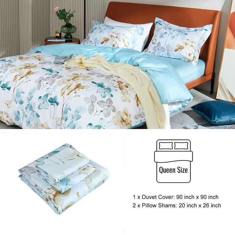MILDLY 100% Long Staple Cotton Duvet Cover Set Blue Gold Grey Leaves Printed Comforter Cover Set Watercolor Plant - Image 4
